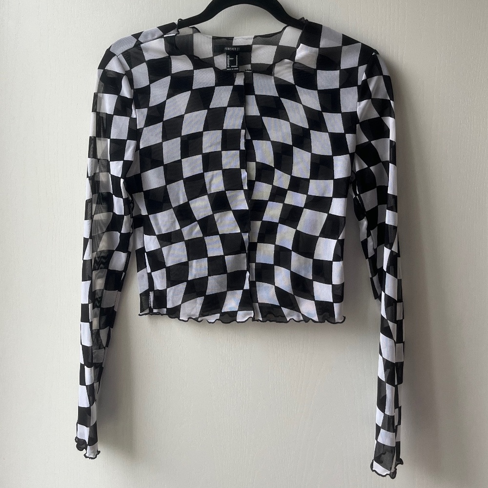 Black & White Racing Check Mesh Long-sleeve Shirt, Forever 21, size S